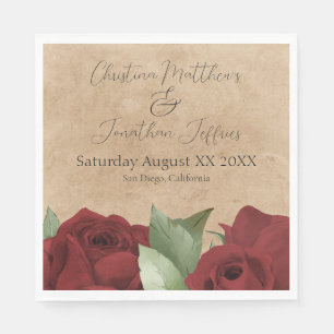 Romantic Watercolor Red Roses on Rustic Parchment Napkins