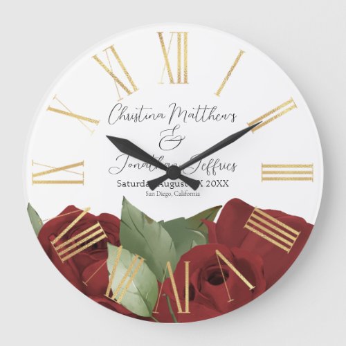 Romantic Watercolor Red Roses on White Large Clock