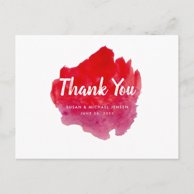 Romantic Watercolor Red Wedding Thank You Postcard (Front)