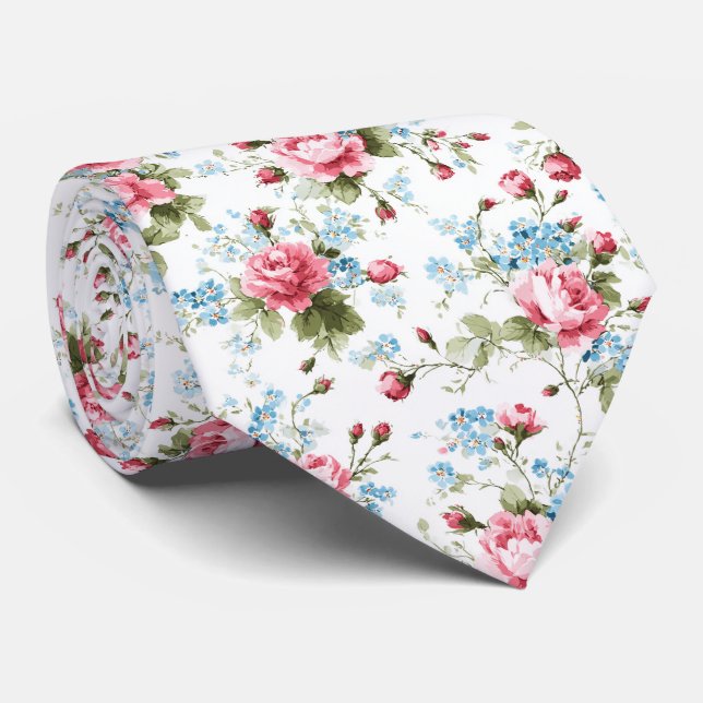 Romantic Watercolor Rose Garden Pattern Neck Tie (Rolled)
