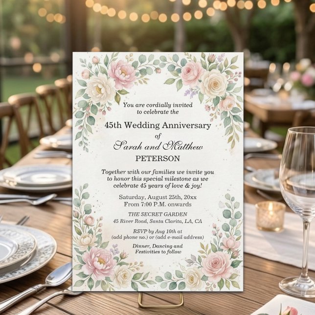 Romantic Watercolor Roses 45th Wedding Anniversary Invitation (Creator Uploaded)