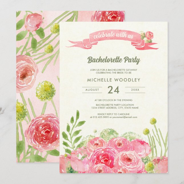 Romantic Watercolor Roses Bachelorette Invitation (Front/Back)