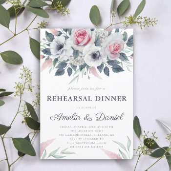 Romantic Watercolor Roses Blue Rehearsal Dinner  Invitation by UnwrappedVisuals at Zazzle