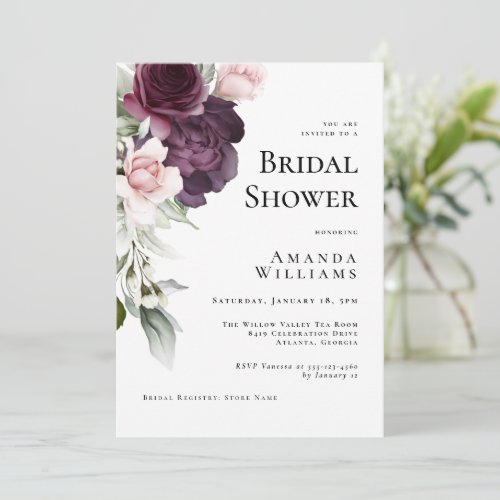Romantic Watercolor Roses Botanical Bridal Shower Invitation
