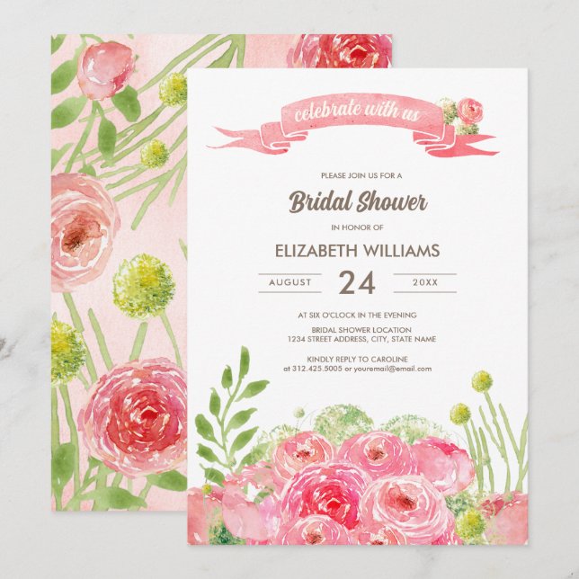 Romantic Watercolor Roses Bridal Shower Invitation (Front/Back)