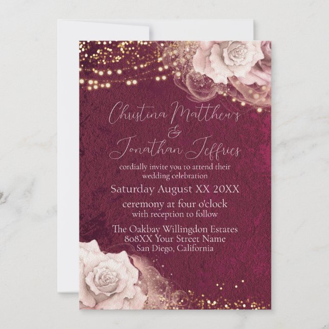 Romantic Watercolor Roses on Burgundy Invitation (Front)