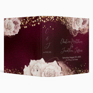 Romantic Watercolor Roses on Burgundy Wedding 3 Ring Binder