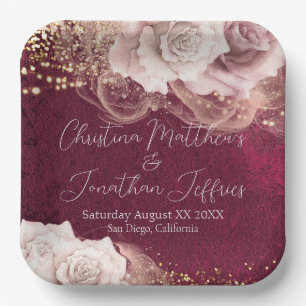 Romantic Watercolor Roses on Burgundy Wedding Paper Plates
