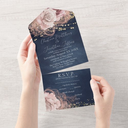 Romantic Watercolor Roses on Dark Navy All In One Invitation