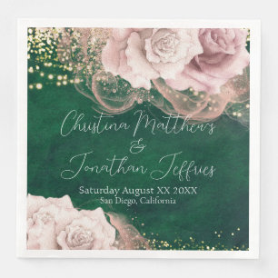 Romantic Watercolor Roses on Emerald Green Wedding Paper Dinner Napkins