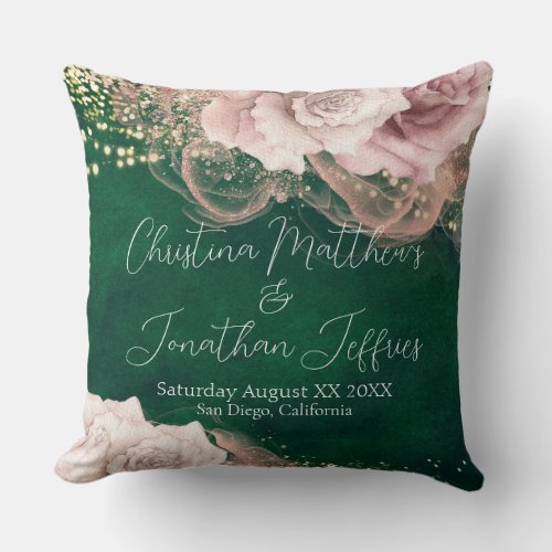 Romantic Watercolor Roses on Emerald Green Wedding Throw Pillow