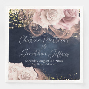 Romantic Watercolor Roses on Moody Blue Wedding Paper Dinner Napkins