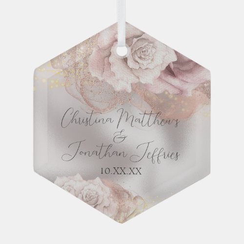 Romantic Watercolor Roses on Pearl Wedding Glass Ornament