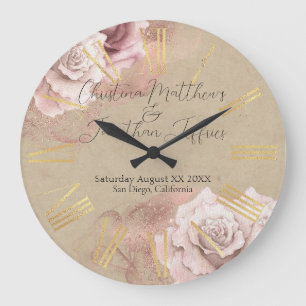 Romantic Watercolor Roses Rustic Glam Wedding Large Clock