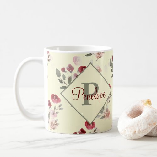 Romantic Watercolor Roses Vintage Pattern Monogram Coffee Mug