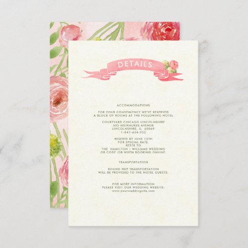Romantic Watercolor Roses Wedding Details Card