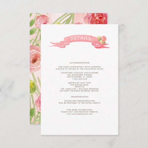 Romantic Watercolor Roses Wedding Details Card