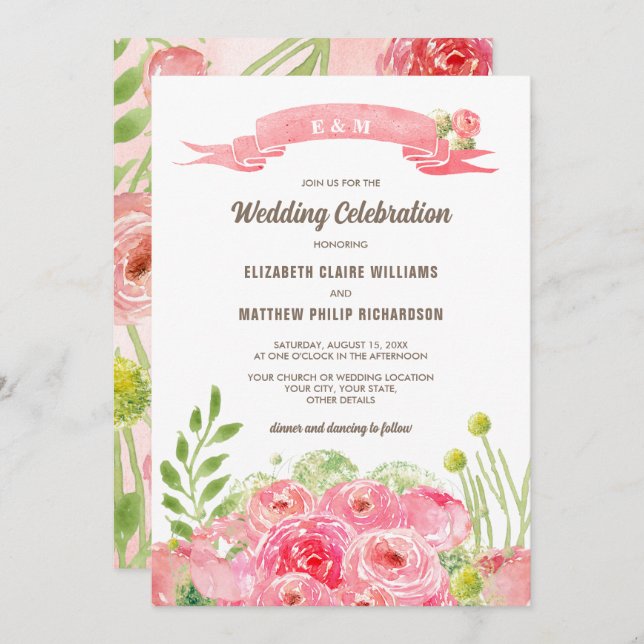 Romantic Watercolor Roses Wedding  Invitation (Front/Back)