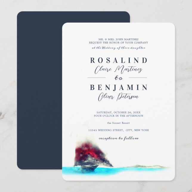 Romantic Watercolor Sailing Boat Navy Blue Wedding Invitation (Front/Back)