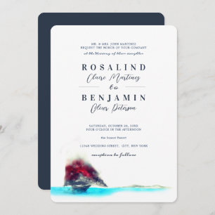 Romantic Watercolor Sailing Boat Navy Blue Wedding Invitation
