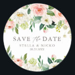 Romantic Watercolor Spring Bloom Save the Date Classic Round Sticker<br><div class="desc">Romantic Watercolor Spring Bloom Save the Date Classic Sticker | Customizable save the date sticker featuring watercolor illustrations of white and peach roses and peonies with foliage accents. This floral save the date sticker is perfect for spring and garden weddings.</div>