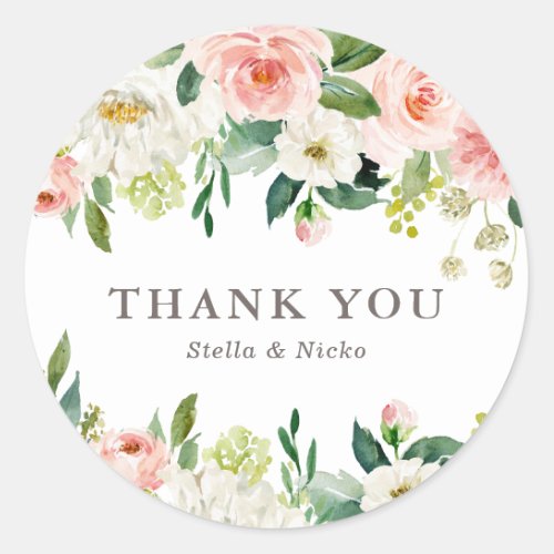 Romantic Watercolor Spring Bloom Wedding Thank You Classic Round Sticker