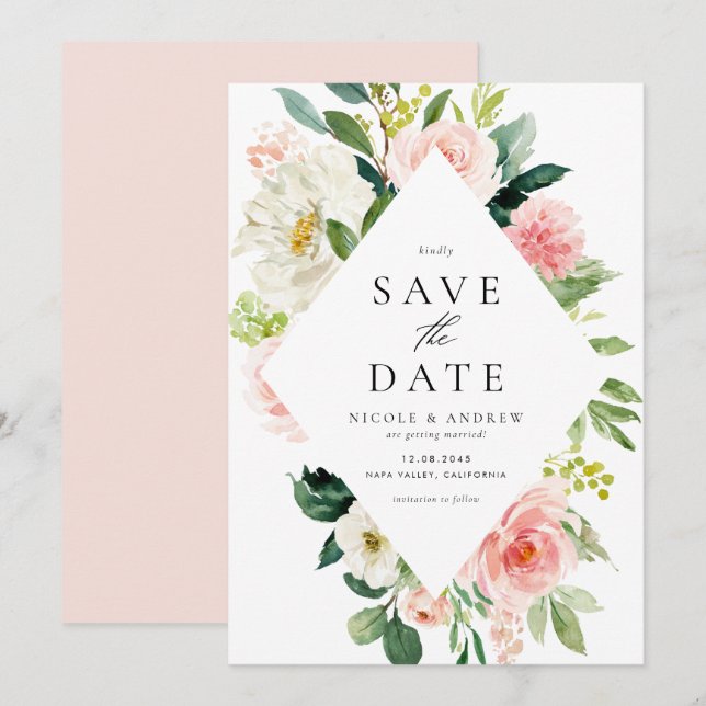 Romantic Watercolor Spring Blooms Save The Date (Front/Back)