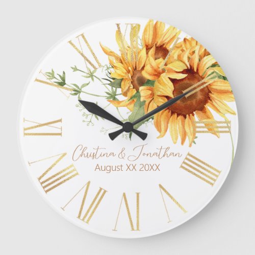 Romantic Watercolor Sunflowers Large Clock