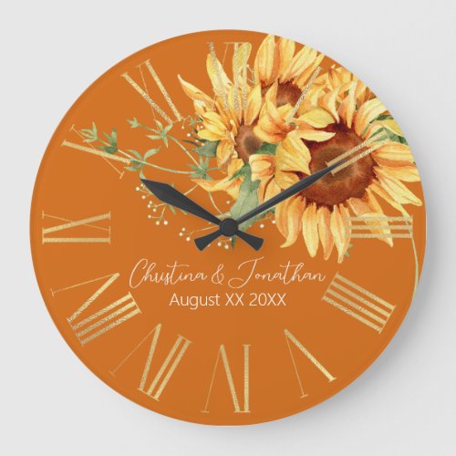 Romantic Watercolor Sunflowers on Burnt Orange Large Clock