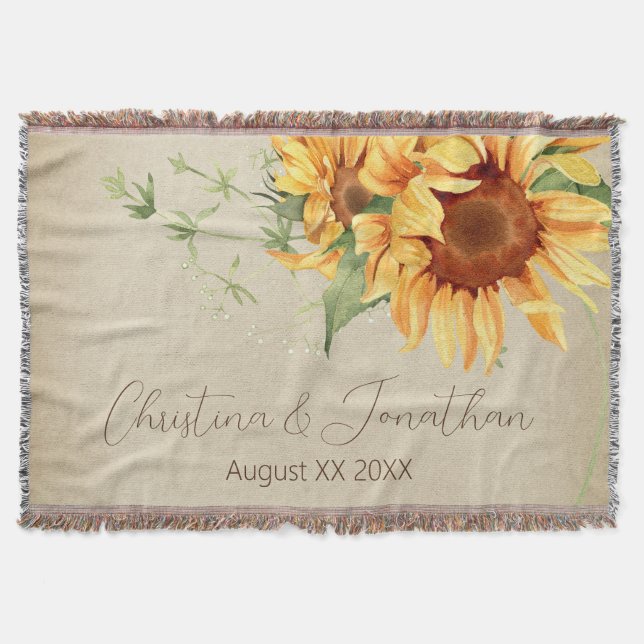 Romantic Watercolor Sunflowers on Faded Parchment Throw Blanket (Front)