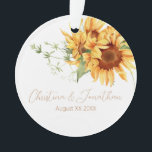 Romantic Watercolor Sunflowers Ornament<br><div class="desc">This romantic wedding keepsake ornament features a floral design. The background is a simple and elegant white with golden watercolor sunflowers. A delicate wild bouquet is pictured at the top,  with the names of the couple printed below.</div>