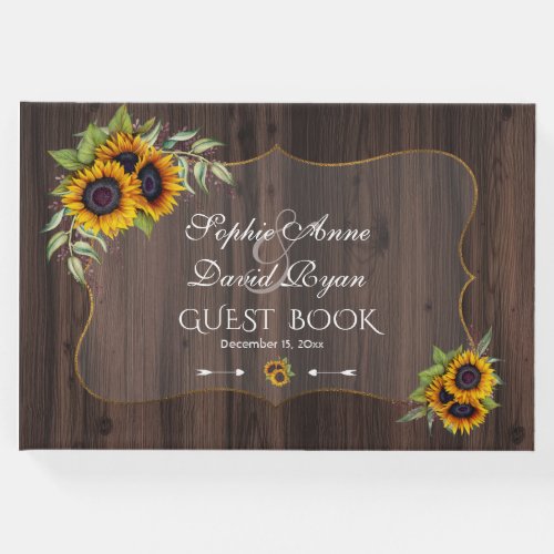 Romantic Watercolor Sunflowers Wood Wedding Guest Book