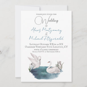 Romantic Watercolor Swans on a Pond Wedding Invitation