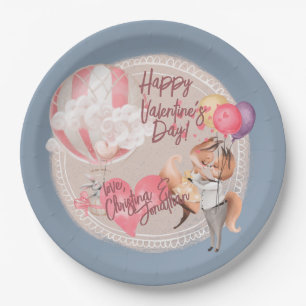 Romantic Watercolor Valentine Love Foxes on Blue Paper Plates