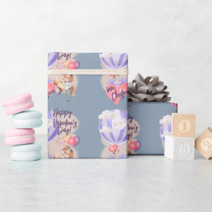 Romantic Watercolor Valentine Love Foxes on Blue Wrapping Paper