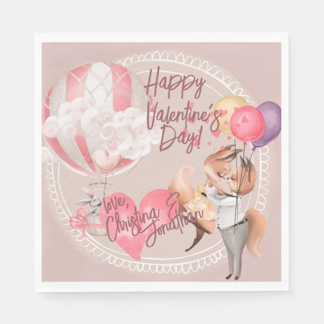 Romantic Watercolor Valentine Love Foxes on Pink Napkins (Front)