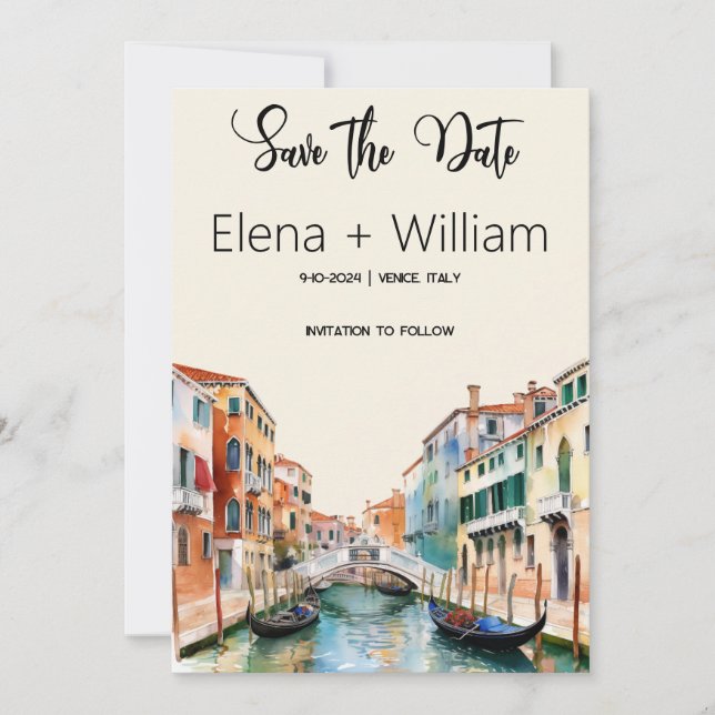 Romantic Watercolor Venice Italy Save the Date   Invitation (Front)