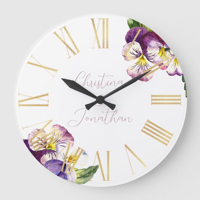 Romantic Watercolor Violets Large Clock (Front)