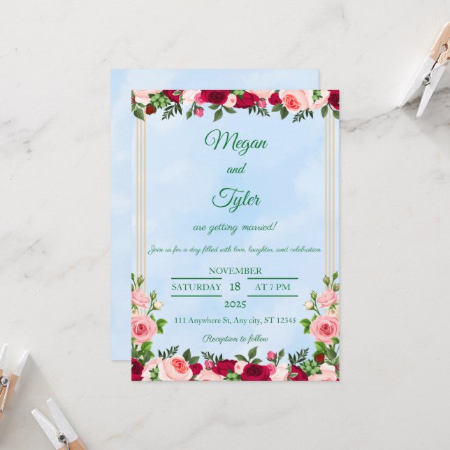 Romantic Watercolor Wedding Invitation  (Front/Back In Situ)