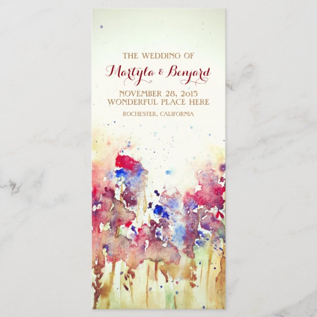 romantic watercolor wedding programs- fall flowers program (Front)