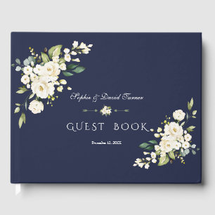 Romantic Watercolor White Flowers Navy Wedding Guest Book