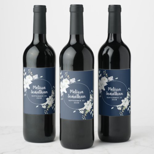 Romantic watercolor white flowers wedding custom wine label