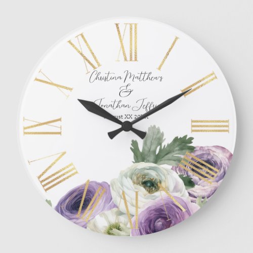 Romantic Watercolor White  Purple Ranunculus Large Clock