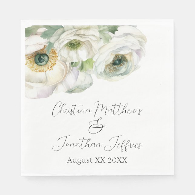 Romantic Watercolor White Ranunculus Napkins (Front)
