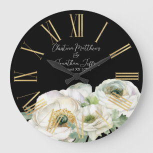 Romantic Watercolor White Ranunculus on Black Large Clock