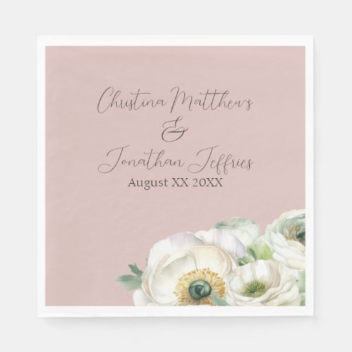 Romantic Watercolor White Ranunculus on Blush Pink Napkins