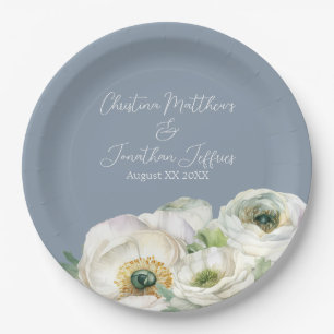 Romantic Watercolor White Ranunculus on Dusty Blue Paper Plates