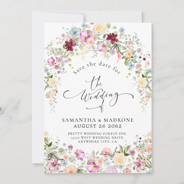 Romantic Watercolor Wildflower Wedding Save The Date (Front)