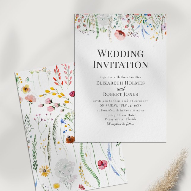 Romantic Watercolor Wildflowers Wedding Invitation (Bohemian Watercolor Wildflower Wedding Invite on a white table.)