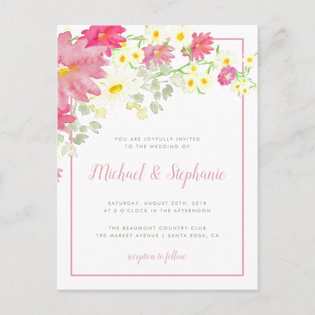 Romantic Watercolor Wildflowers Wedding Invitation Postcard (Front)